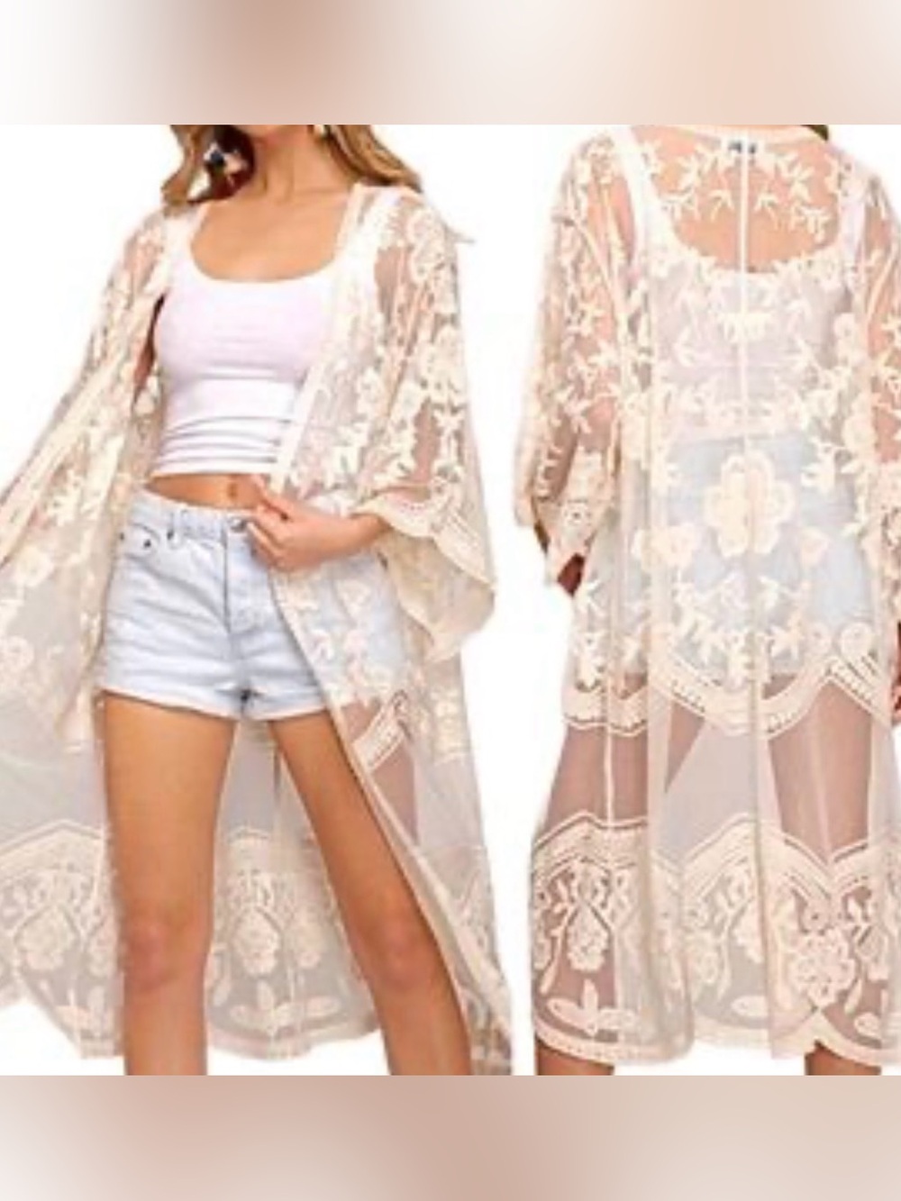 Dizzy Gal Lace Trim Cream Kimono